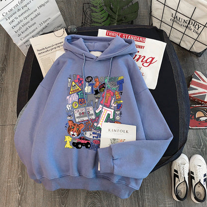 Women's Loose Cartoon Letter Hooded Plus Fleece Sweater - The Number 1 Things